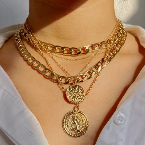 Multi-layer Thick Chain Portrait Coin Necklace - Picture 2 of 12